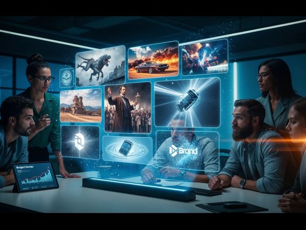 Team analyzing futuristic holographic displays in a high-tech meeting room.