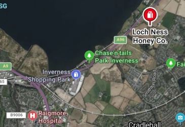 Map showing Inverness and nearby landmarks including Loch Ness Honey Co.