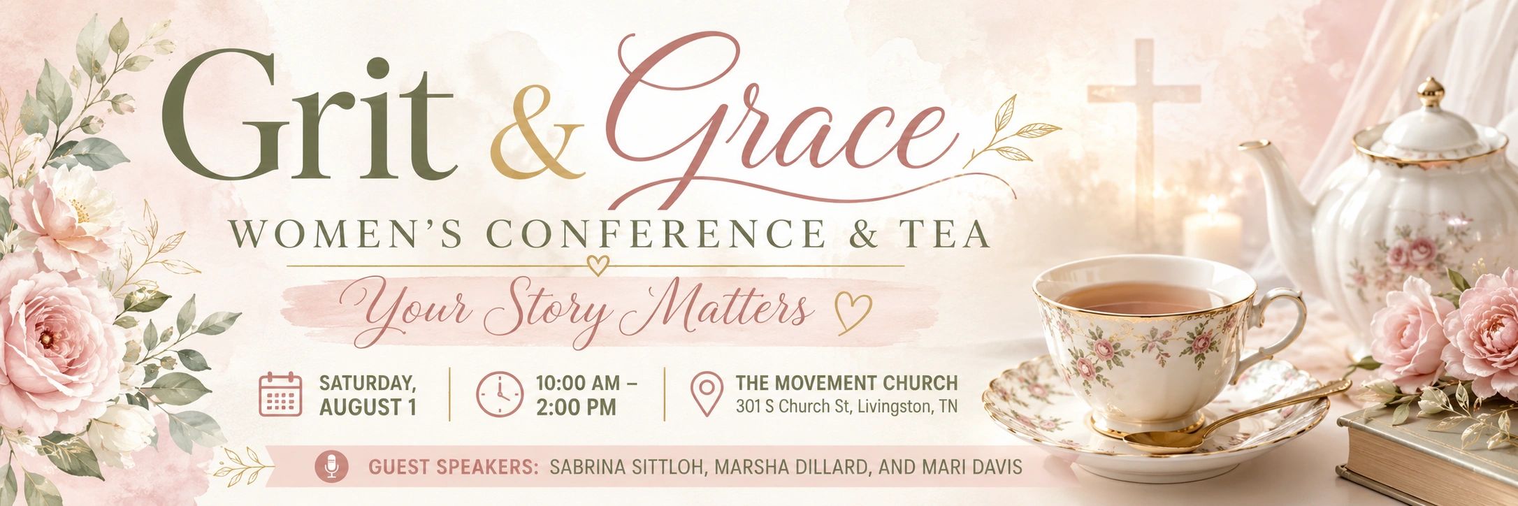 Grit &amp; Grace women's conference and tea event with floral design and tea set.