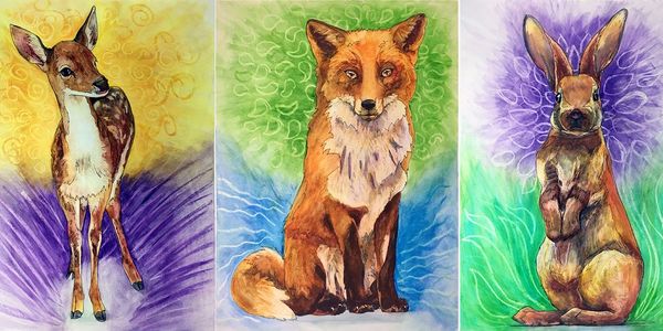 Images of a drawn fawn, fox, and rabbit