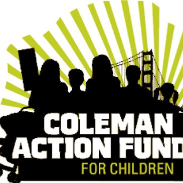 Silhouettes of children with cityscape and bridge behind Coleman Action Fund for Children text.