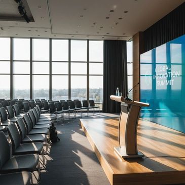 Empty conference room with podium and chairs.