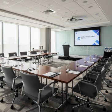Modern conference room set for a meeting or summit.