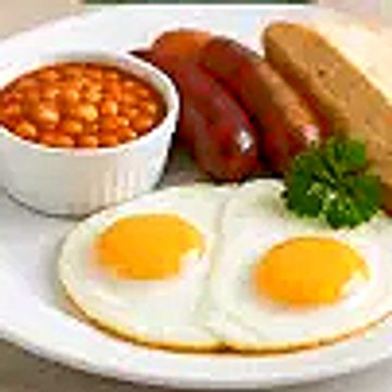 Breakfast plate with eggs, sausages, beans, and toast.