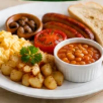 Breakfast plate with scrambled eggs, sausages, baked beans, fried potatoes, and toast.