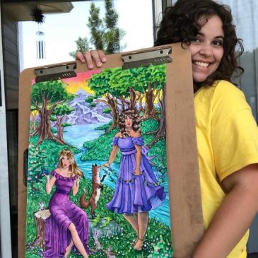Woman proudly displays colorful fantasy painting of two women in purple dresses in a forest.