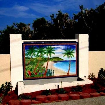 Ceramic tile mural of a seascape installed on a water feature in California