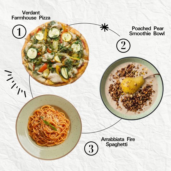 Farmhouse pizza, pear smoothie bowl, and fire spaghetti dishes