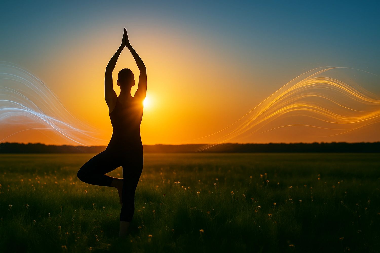 Yoga at sunrise in a vibrant field, symbolizing balance, and a healthy life grounded in wellness.