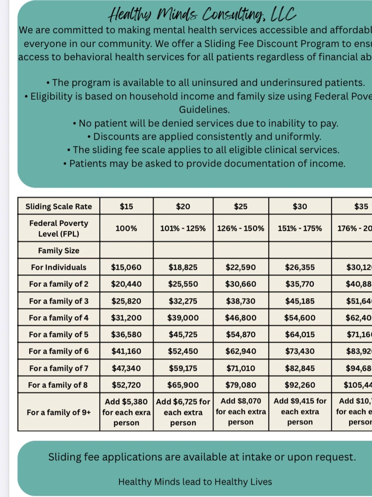 Healthy Minds Consulting offers sliding fee discounts for mental health services based on income and family size.