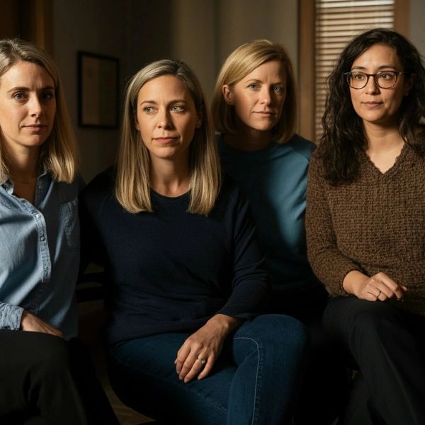 Four women sitting closely together, looking serious and contemplative.