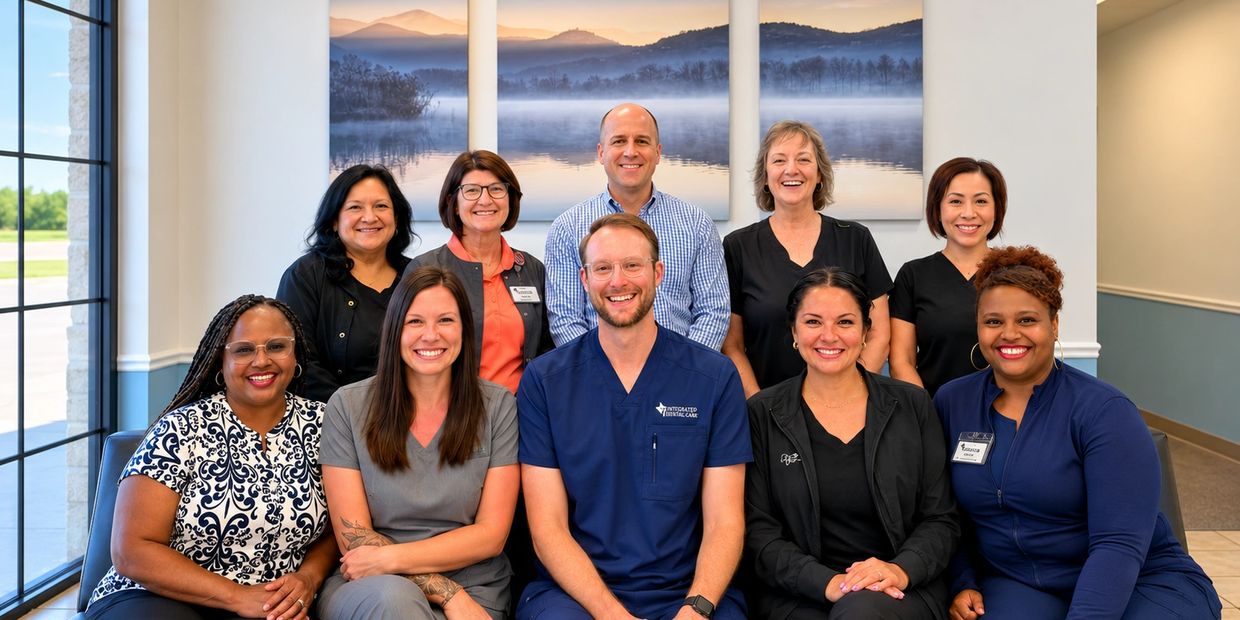 A smiling medical team posing together indoors with scenic art in the background.