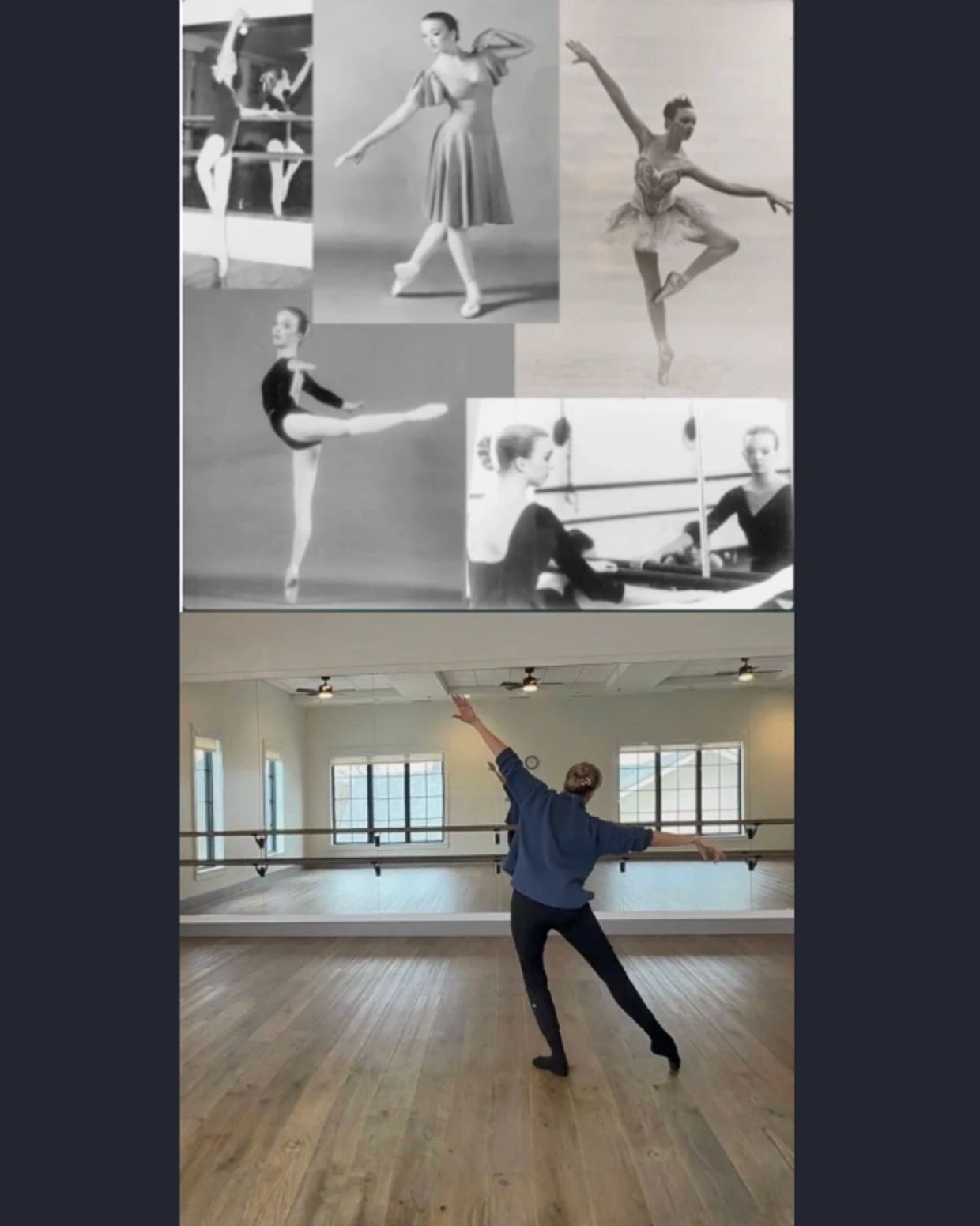 Ballerina practicing dance in studio with old ballet photos.