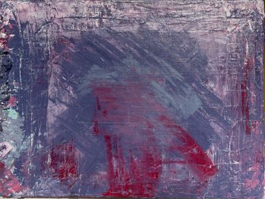 Abstract textured painting with dominant purple and red hues.