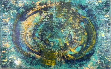 Abstract circular pattern with blue and yellow hues.