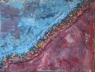 Abstract painting with textured blue and red areas separated by a colorful, rough diagonal line.