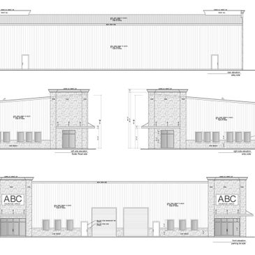 Architectural blueprint showing exterior elevations of a commercial building with stone and metal siding.