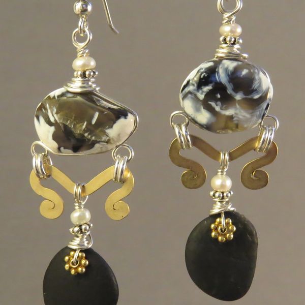 Two-tone "angelwing" earrings with Agates and beach pebbles from the Oregon coast by AlmaMia Jewelry