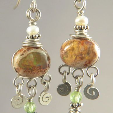 Handmade earrings with Mexican Fire Opals, pearls, and peridot in sterling silver, by AlmaMia Jewels