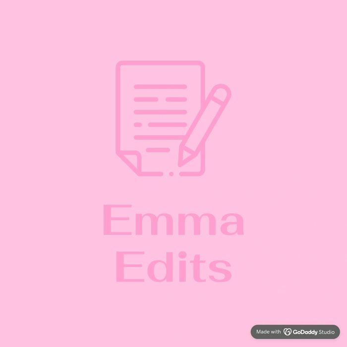 Pink logo for Emma Edits with paper and pencil icon.