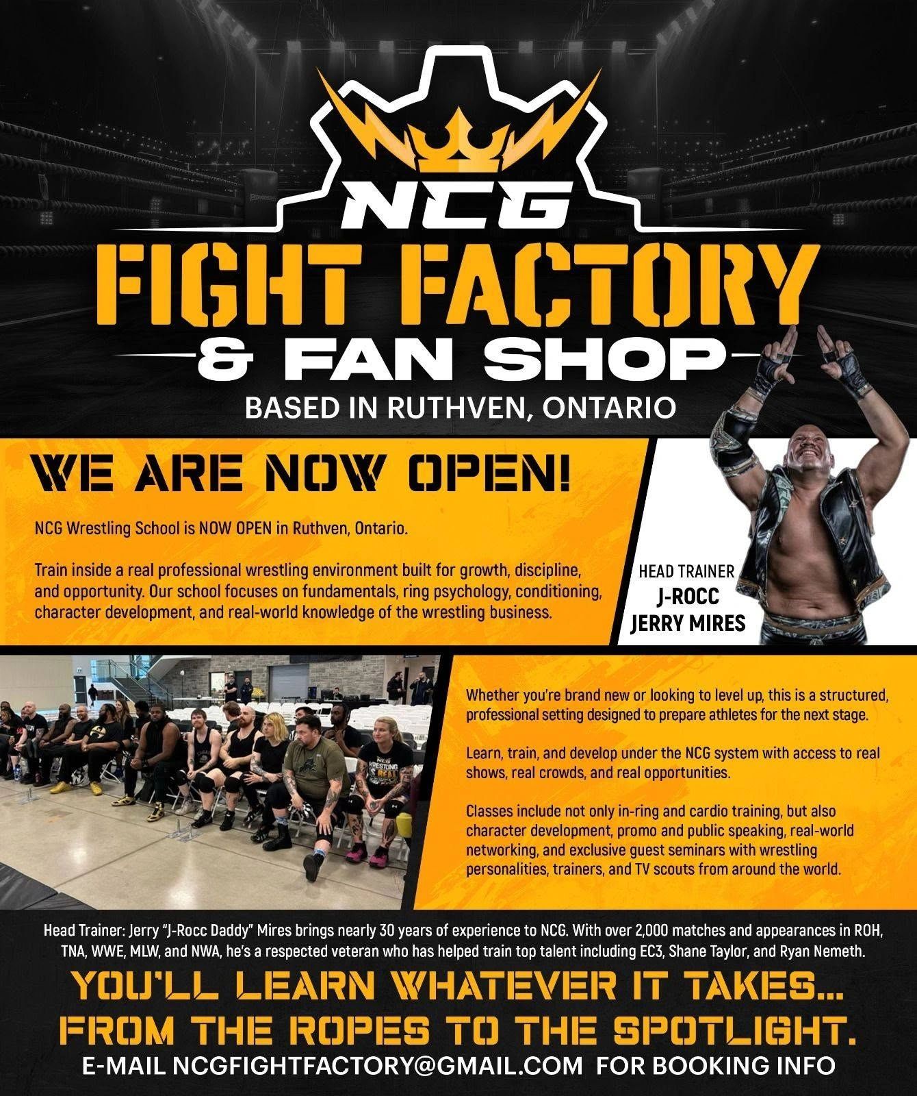NCG Fight Factory wrestling school now open in Ruthven, Ontario.