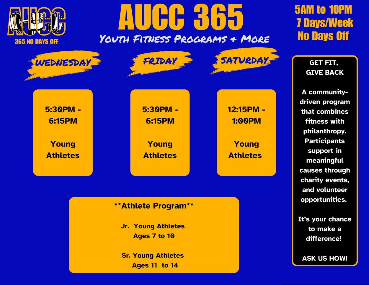 Youth fitness programs for young athletes Wednesday, Friday, and Saturday, promoting fitness and philanthropy.