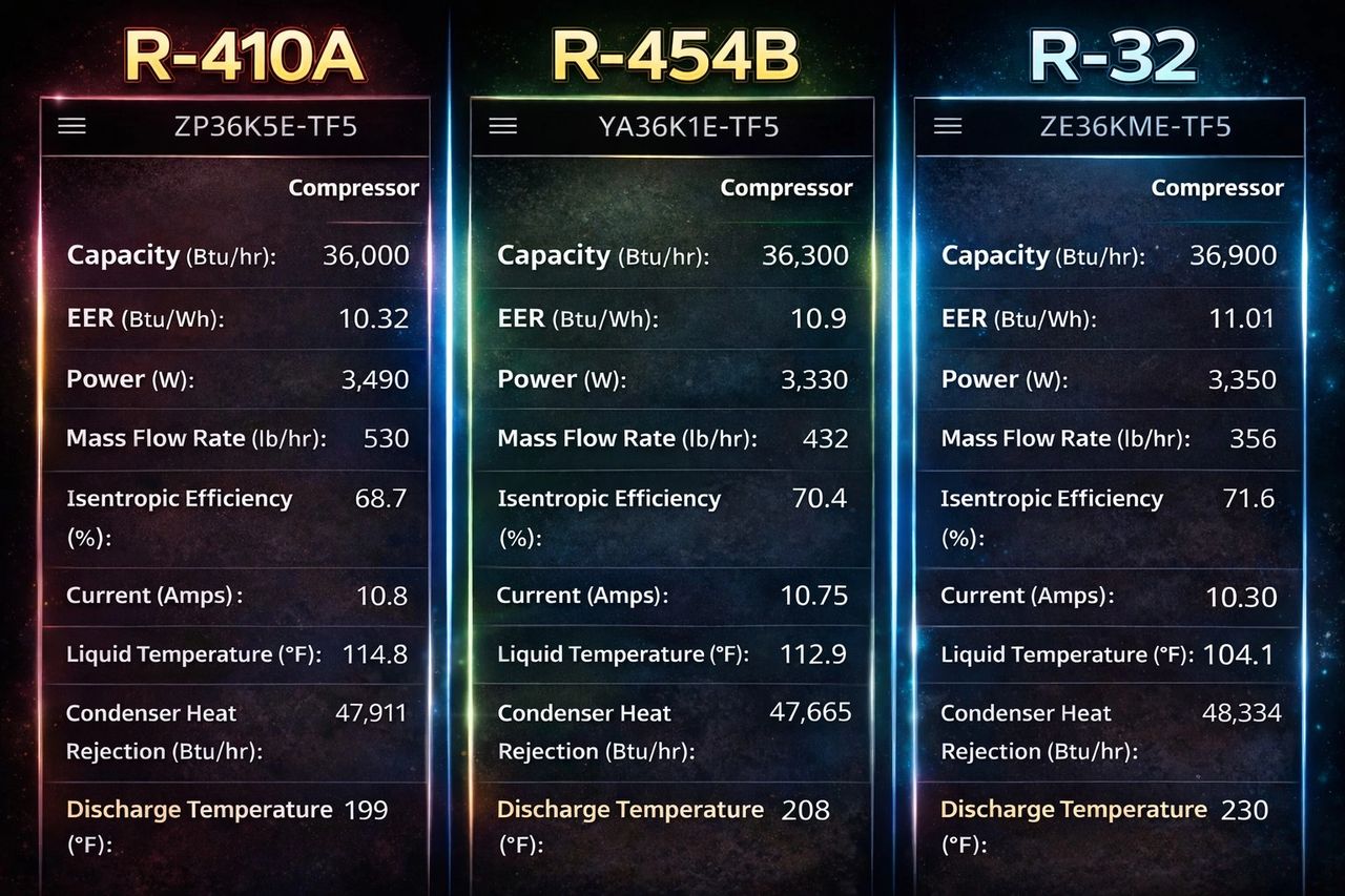 Comparación en condiciones nominales: aunque entregan capacidades similares, R-410A, R-454B y R-32 requieren diseños de compresor distintos para operar de forma eficiente y confiable