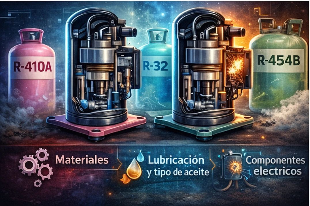El refrigerante define el diseño interno del compresor: materiales, lubricación y componentes eléctricos no serán necesariamente siempre los mismos