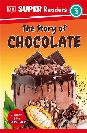 A chocolate cake with chocolate pieces and cocoa pods on the cover of a children's book.