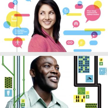 Two people with colorful communication-themed graphics.