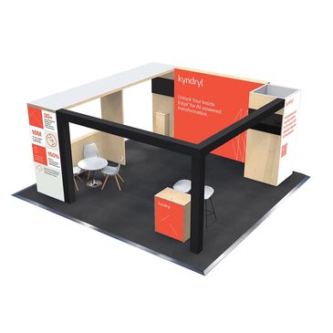 Modern exhibition booth with black frame and orange accents