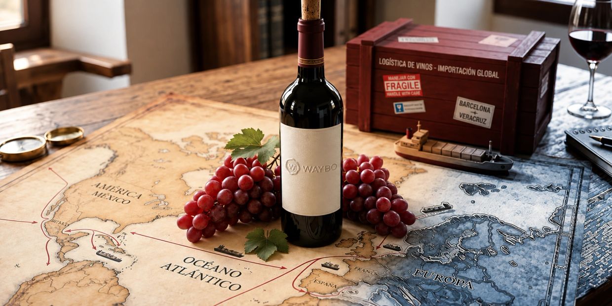 Botella de vino con uvas sobre un mapa antiguo.
