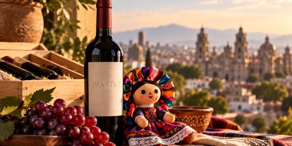 Botella de vino con muñeca tradicional y uvas al fondo de ciudad histórica.