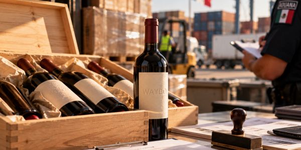 Botellas de vino en caja de madera durante inspección aduanera.
