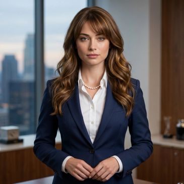 Mujer de negocios con traje azul en oficina moderna.