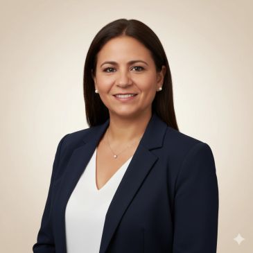 Mujer con chaqueta azul y blusa blanca sonriendo.