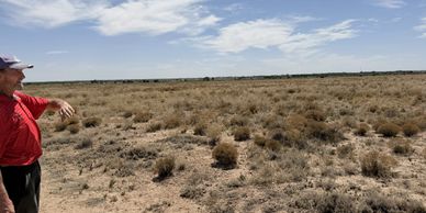 Man in red shirt gestures over a dry, bushy plain under a blue sky.
