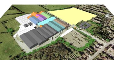 3D architectural model of a large industrial or warehouse complex with colorful sections and parking areas.