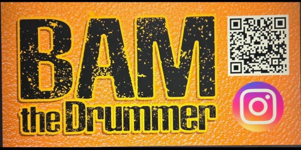 Logo for BAM the Drummer with QR and Instagram icons on orange background.