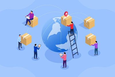 People managing global logistics with packages and digital devices.