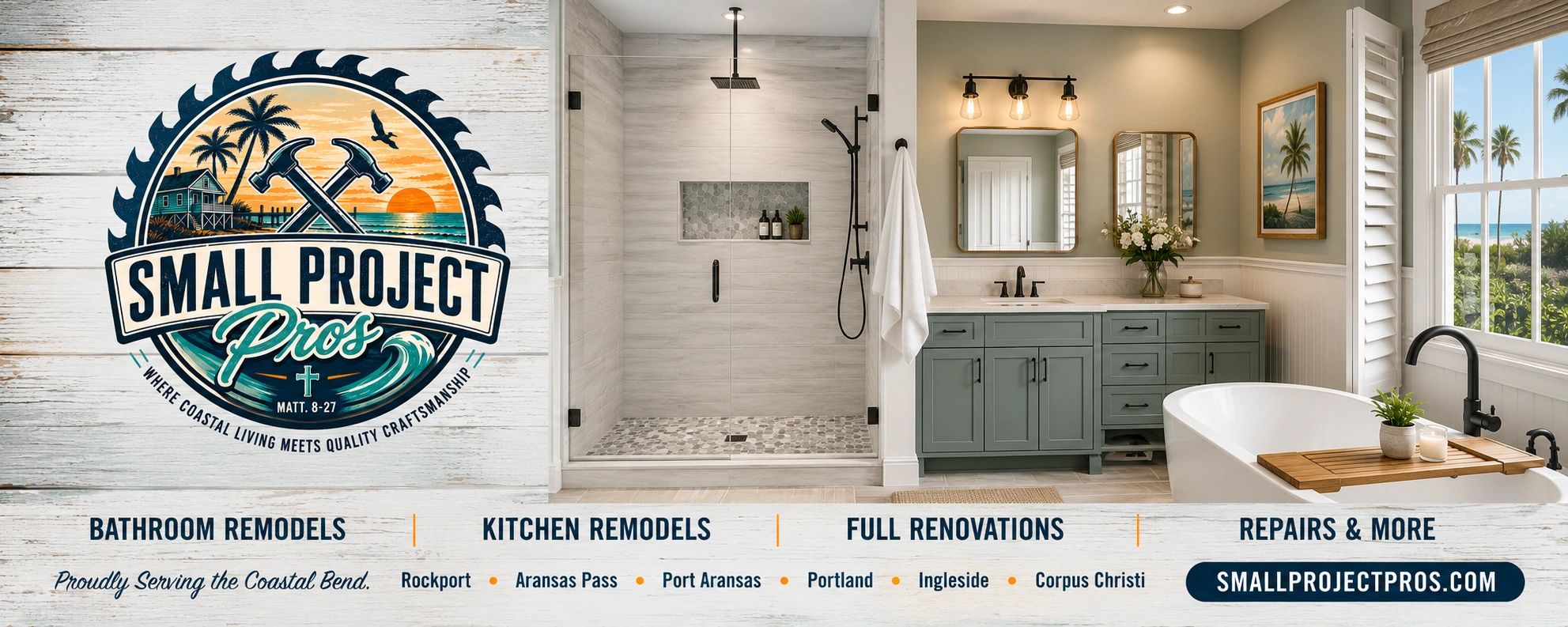Bathroom and kitchen remodeling advertisement with coastal theme.