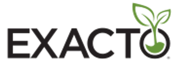 Logo of EXACT with a green sprout growing from the letter O.