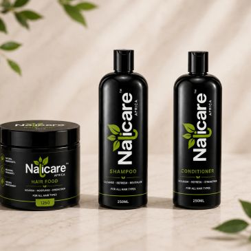 Nalicare Africa hair care products: Hair Food, Shampoo, and Conditioner.
