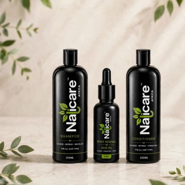 Nailcare Africa shampoo, hair oil, and conditioner bottles.