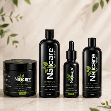 Four Naicare Africa hair care products on display.
