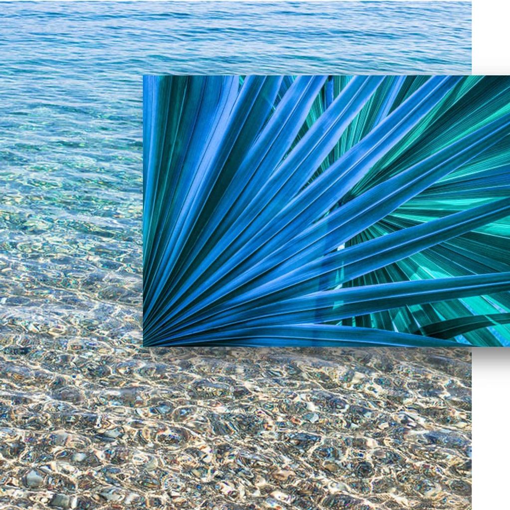 EAC002 Blue Palm leaf multi-dimensional collage. Base masonite top piece acrylic. Can custom size.