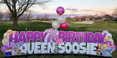 Happy 76th Birthday in Purple and white IN RAYMORE, MO.  FROM YARD PROPS