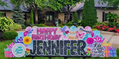 happy birhday sign in pink and purple in Overland Park, KS.  FROM YARD PROPS