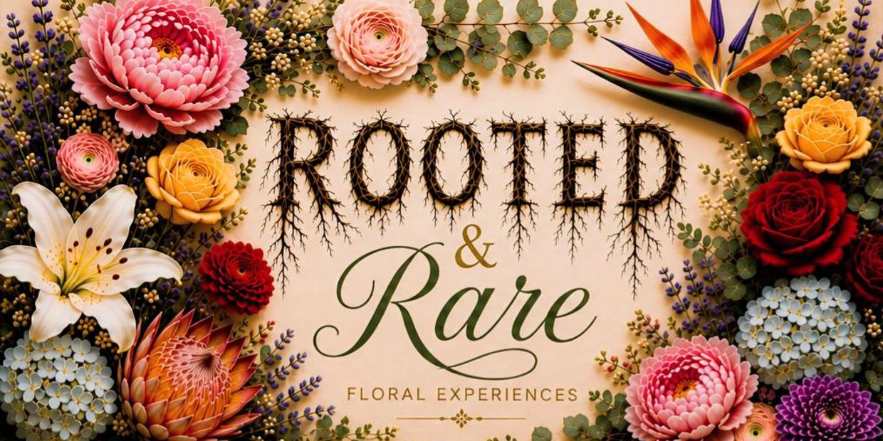 Floral design surrounding text 'Rooted &amp; Rare Floral Experiences'.