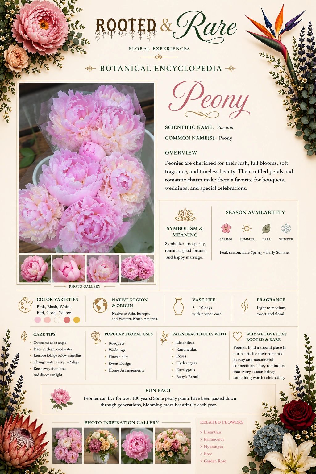 Peony botanical encyclopedia with care tips, symbolism, and floral uses.